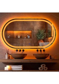 Resim Ovanta Amber Led'li Lazer Kumlamalı Lavabo & Banyo Aynası Dokunmatik Sensörlü 45 X 80 Cm Turuncu 