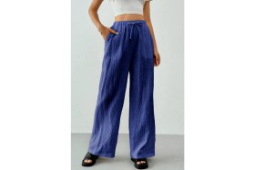 Resim Ghassy Co. Kadın %100 Cotton Müslin Ultra Hafif Palazzo Model Geniş Paça Keten Karışım Pantolon 
