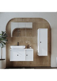 Resim Oval Lavabolu Mat Mdf 90 Cm Banyo Dolabı + Aynalı Dolap Beyaz Mat Beyaz 