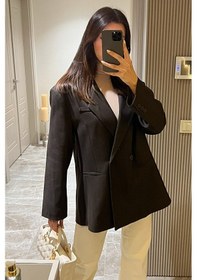 Resim Kadın Oversize Kruvaze Blazer Ceket Uzun Kollu, Şık Ve Günlük Klasik Ceket-lacivert - L Kahverengi 