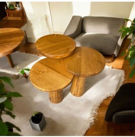 Resim Wood Wooden Ahşap 3 Lü Set Fitilli Mantar Yan Sehpa Modern Tik Ağacı Renk Fiskos Kahverengi 