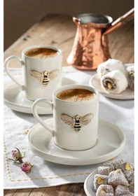 Resim 2 Kişilik Beyaz Porselen Arı Kahve Fincan Takımı Sunum Fincanı Beyaz 