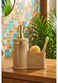 Resim Makri Home Mutfak Veya Banyo İçin Şık Altın Rengi Detaylı Süngerlikli Sıvı Sabunluk , Yerli Üretim Bej 