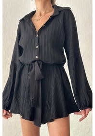 Resim Fashion Cocktail Uzun Kol Casual Kabartma Kumaş Yakalı Düğmeli Boyfriend Gömlek Stil Şortlu Tulum Siyah 
