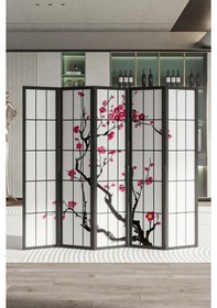 Resim Doğal Ahşap Japon Stil Çiçek Tek Taraf Baskılı 5 Kanat Paravan 