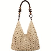 Resim 2025 Yaz Yeni Kadın Örgü Omuz Çantası - Şık Kare Desenli Askılı ve Tokalı Kapanışlı, Dayanıklı Haki Kumaş, Plaj, Seyahat, Günlük Kullanım için, Crossbody Çanta, Tatil Stili, Açık Beyaz Aksesuar, Polyester Astar, Seyahat Gereçleri 