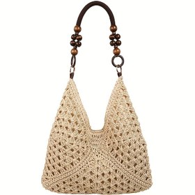 Resim 2025 Yaz Yeni Kadın Örgü Omuz Çantası - Şık Kare Desenli Askılı ve Tokalı Kapanışlı, Dayanıklı Haki Kumaş, Plaj, Seyahat, Günlük Kullanım için, Crossbody Çanta, Tatil Stili, Açık Beyaz Aksesuar, Polyester Astar, Seyahat Gereçleri 