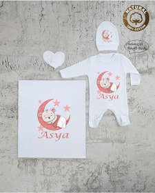 Resim yzc home size dair... Bt K48 Isimli Kız Bebek Battaniye Tulum Şapka Eldiven Set Hastane Çıkışı %100 Pamuk 