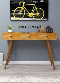 Resim WOODFACE Masif Ahşap Makyaj Masası 110x90 3 Çekmeceli Siyah Doğal Ahşap Dresuar Vestiyer Raf 