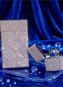 Resim NESGIFT Gümüş Taşlı Slim (İNCE) Uzun Sigara Kutusu Ve Zippo Çakmak Seti 