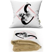 Resim E HARFİ Baskılı Kişiye Özel Opsiyonel Battaniyeli Yastık Kırlent 2 in 1 