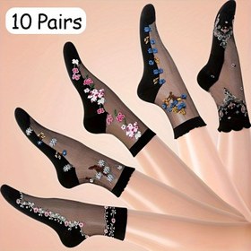 Resim 10 Çift Kadın Çiçek Desenli Dantel Orta Baldır Çorapları, Siyah Dantel Detaylı Şeffaf Kristal Tül, Örme Polyester Karışımı, Elastik %5 Elastan, Makinede Yıkanabilir - %50 Polyester, %45 Poliamid 