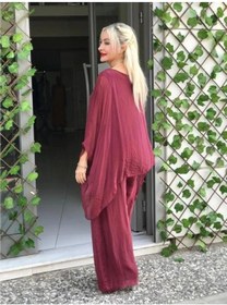 Resim Bohem Stil İtalyan Yarasa Kol İpek Bluz & Pantolon Takım-8767 Bordo 