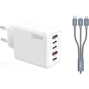 Resim ScHitec 120W 3 Type-C + 2 UsbA Toplam 5 Çıkışlı Tecno 3in1 Lightning, Type-C, Micro Kablolu Şarj Aleti Beyaz SR104 