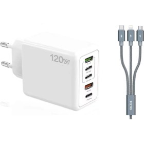 Resim ScHitec 120W 3 Type-C + 2 UsbA Toplam 5 Çıkışlı Tecno 3in1 Lightning, Type-C, Micro Kablolu Şarj Aleti Beyaz SR104 