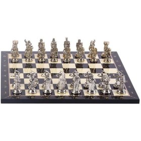 Resim GiftHome Orta Boy Metal Osmanlı Bizans Satranç Takımı Parlak ve Sedef Desenli MDF Ahşap Satranç Tahtası (37x37 cm.) Teşhir 