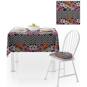 Resim Siyah Beyaz Zigzag Zambak Desenli Turuncu Mürdüm Dijital Baskılı Petek Dokuma Masa Örtüsü 140x180 