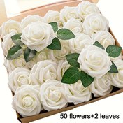 Resim 52 adet Yapay Çiçek, 50 Çiçek, 2 Yaprak, Gerçekçi Köpük Sahte Gül DIY Düğün Buketi Beyaz Gelin Hediye Merkezi Süslemeleri, Parti Masa Süslemeleri 