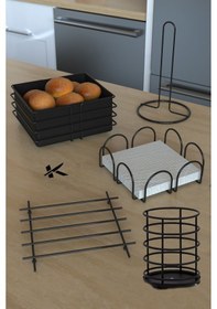 Resim Karteya Lüx Paslanmaz Gold Servis Sunum Seti Ekmek Sepeti Mutfak Havluluk Peçetelik Nihale Kaşıklık 5 Parça Siyah 
