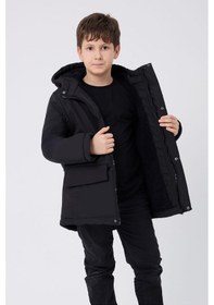 Resim Erkek Çocuksu Ve Rüzgar Geçirmez Kapüşonlu 3 Cep Kışlık Mont & Kaban & Parka-70 Siyah 