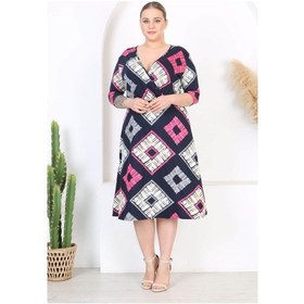 Resim Madwilo Kadın Lacivert Pembe Geometrik Desen Kruvaze Yaka Esnek Bel Büyük Beden Elbise Lacivert Pembe Lacivert - Pembe 