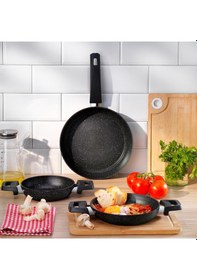 Resim Schafer Black Stone 3 Lü Tava + Sahan Seti-siyah Siyah 