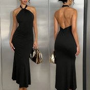 Resim Şık Düz Renkli Halter Boyunlu Sırtı Açık Twist Maxi Elbise, Asimetrik Detaylı Vücut Tipi, Bahar/Yaz Rahat ve Resmi Durumlar İçin Mükemmel, Kadın Modası, Kokteyl Kıyafeti | Sırtı Açık Şıklık | Polyester Kumaş 