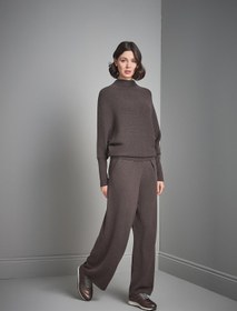 Resim Pileli Bol Paça Kahverengi Triko Pantolon 