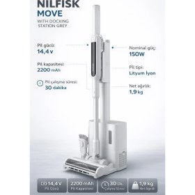Resim Nilfisk Nılfısk Move Wıth Dockıng Statıon Black - Kablosuz Stant'lı Dikey Şarjlı Süpürge / Gri 
