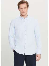 Resim Altınyıldız Classıcs Erkek Acık Mavı Pamuklu Tailored Slim Fit Dar Kesim Düğmeli Yaka Armürlü Gömlek 