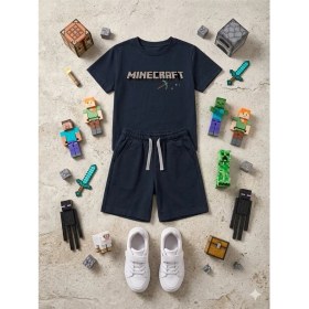 Resim Cg Kids Minecraft Kabartma Yazı Detaylı Erkek Çocuk Tshirt & Şort Alt Üst Takım Süper Kalite Kumaş 