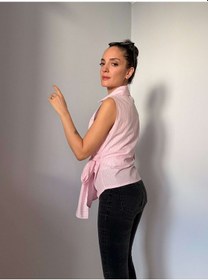 Resim Ali Butik Pembe Çizgili Sıfır Kol Poplin Gömlek Pembe 