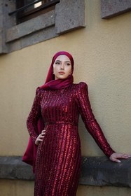 Resim BAHARYAMAÇLI Kadın Maren Bordo Kemerli Şerit Pullu Tesettür Abiye Elbise 