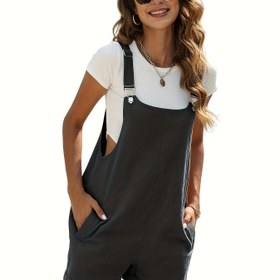Resim Kadınlar için Yazlık Pamuklu Tulum - Cepli Rahat Kolsuz Tulum, Koyu Gri, Makinede Yıkanabilir, Ayarlanabilir Askılı, Ön Cep Tasarımlı, İlkbahar ve Yaz İçin Mükemmel, Şeffaf Olmayan Kumaş 