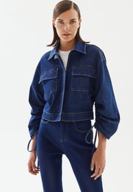 Resim Kadın Kolları Büzgülü Kısa Denim Ceket - XL 