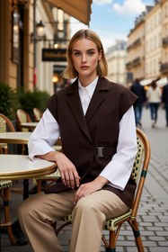 Resim BENERLY Kadın Ceket Yaka Dokuma Kumaş Kruvaze Oversize Yelek Toka Detaylı Astarlı Regular Boy Büyük Beden 