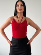 Resim Deafox Kırmızı Ince Askılı Ithal Krep Kumaş Crop Bluz 
