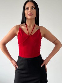 Resim Deafox Kırmızı Ince Askılı Ithal Krep Kumaş Crop Bluz 