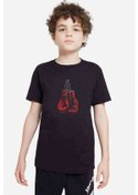 Resim Boks Eldiveni Baskılı Unisex Çocuk Siyah T-Shirt 