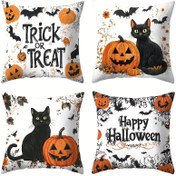 Resim 4 adet Cadılar Bayramı Yastık Kılıfı, 17,72 x 17,72 inç, Siyah Kedi ve Kabak Tasarımları ile Sinekler, Sıcak ve Rahat Polyester, Fermuar Kapatma - Oturma Odası Kanepe Dekoru için İdeal (Eklentiler Dahil Değil), Cadılar Bayramı Dekorasyonu 