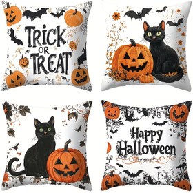 Resim 4 adet Cadılar Bayramı Yastık Kılıfı, 17,72 x 17,72 inç, Siyah Kedi ve Kabak Tasarımları ile Sinekler, Sıcak ve Rahat Polyester, Fermuar Kapatma - Oturma Odası Kanepe Dekoru için İdeal (Eklentiler Dahil Değil), Cadılar Bayramı Dekorasyonu 