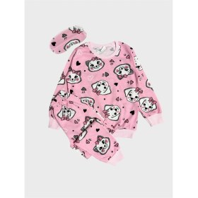 Resim Aliş Kids Kız Çocuk Pamuklu Pembe Kedi Desenli Uzun Kollu Göz Bantlı Mevsimlik Pijama Takımı 