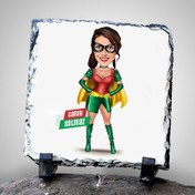 Resim Pelerinli Süper Kahraman Kostümlü Kadın Karikatürlü Taş Blok 