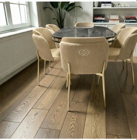 Resim Msy Home 6 Kişilik Aura Krom Serisi İroni Lake Oval Yemek Masası Ve Puffy Cappuccino Sandalye Takımı Modern Cappuccino 