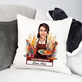 Resim En Başarılı Kadın Resim Öğretmeni Karikatürlü Yastık 