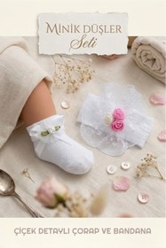 Resim Esinti Yenidoğan Kız Bebek Çocuk Bandana ve Patik Çorap Seti (0-3 Ay) 