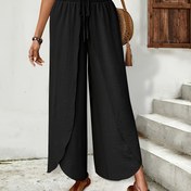 Resim Kadınların Rahat Yüksek Bel Geniş Bacaklı Pantolonları - Rahat Tatil Stili, Yan Splitli Düz Renk, Elastik Bel Düğnesi, Hafif Polyester Kumaşlı Bahar/Yaz 