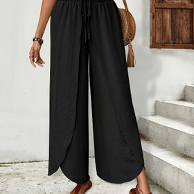 Resim Kadınların Rahat Yüksek Bel Geniş Bacaklı Pantolonları - Rahat Tatil Stili, Yan Splitli Düz Renk, Elastik Bel Düğnesi, Hafif Polyester Kumaşlı Bahar/Yaz 