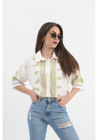 Resim Antik Desenli Kolları Püsküllü Gömlek - Haki-haki Haki 