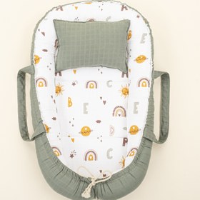 Resim Babynest ve Yastık - Çift Taraflı - Haki Muslin - Galaksi ve Harfler 